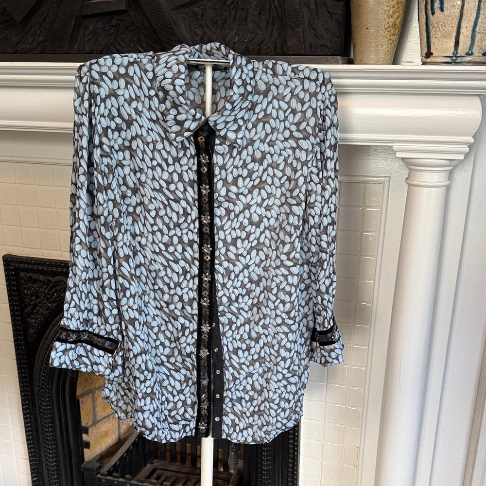 Agora Blue and‎ grey  Button Down blouse with embellishments. Preowned